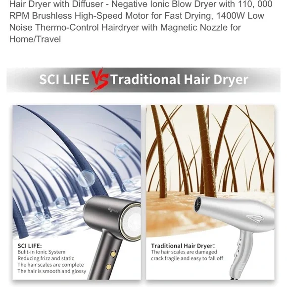 Scilife Negative Ionic Hair Dryer with Diffuser, Magnetic Attachments - Picture 7 of 9